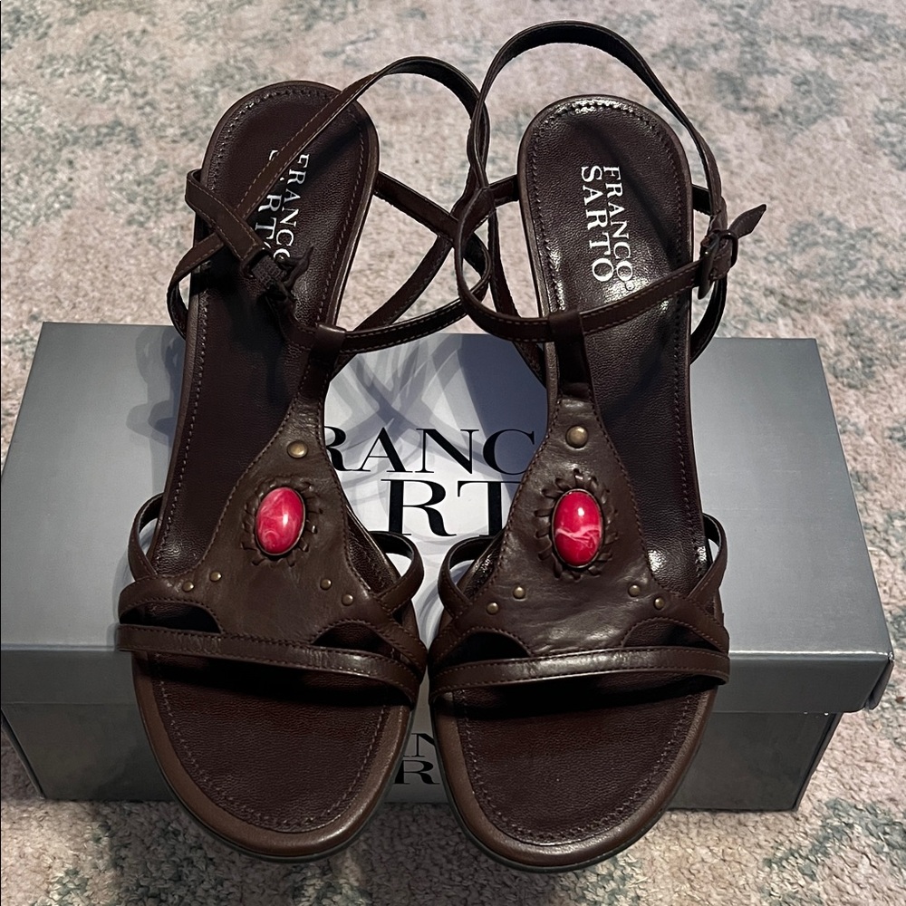 Franco Sarto Dark Brown Sandals with Bold Red Stone size 9.5 not worn.